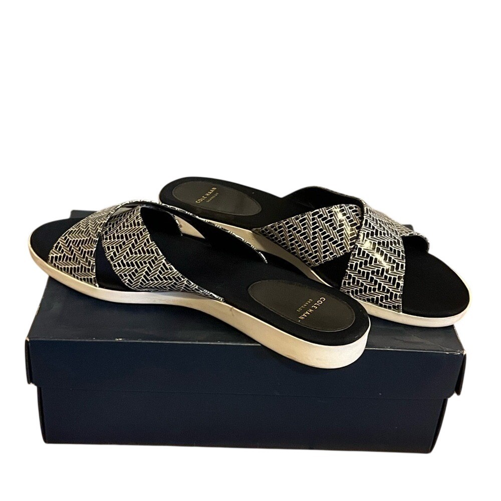 Cole Haan Augusta Sandal Black White Print Cross Strap Slide Womens 9